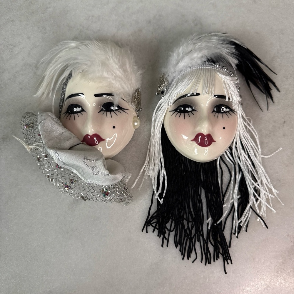 (2) Vtg Unique Creations Black And White Ceramic Feathered Ladies Facemask